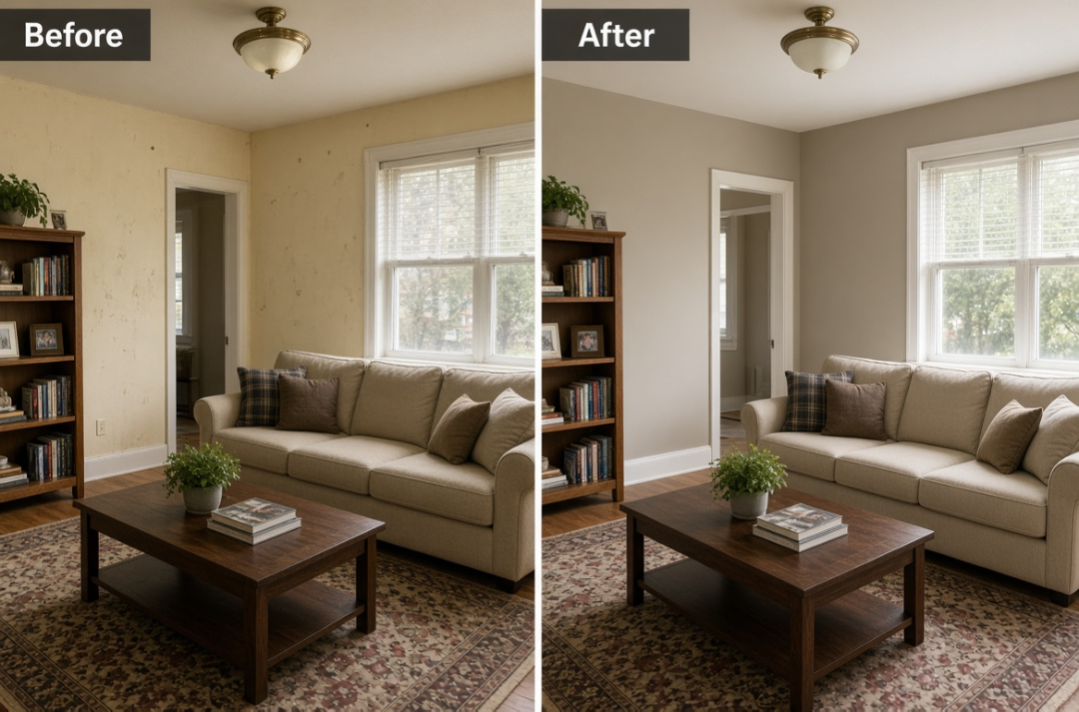 Before and after living room repaint in a St. Thomas home