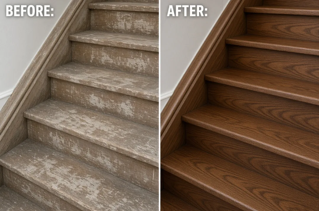 Before and after stair treads close-up